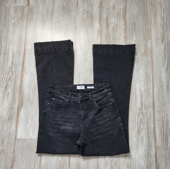 BBJ Los Angeles Denim - BBJ Rhinestone Flare Black Denim Jeans High Rise Stretch Cotton Blend Sz 7/28